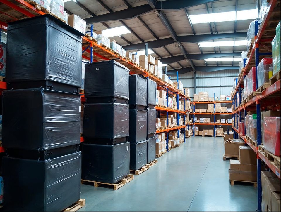Rolled banners, display cases and wrapped trade-show crates stacked on racks inside a bright storage building