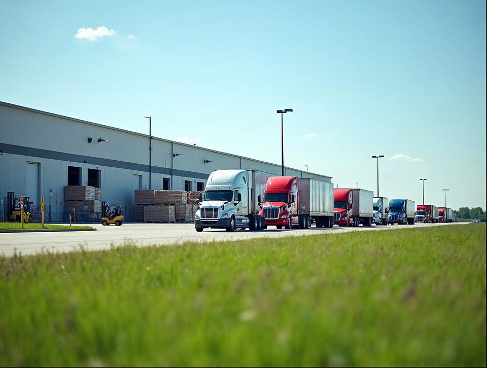 Row of semi trucks backed against loading docks at a large distribution center beside a highway under clear skies