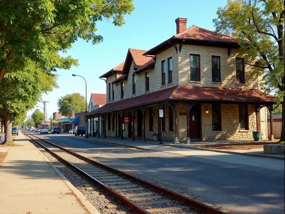 Vintage stone depot and railroad-style building beside a quiet street with trees in the historic center of Overland Park
