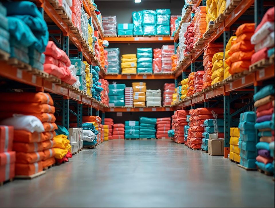 Stacks of colorful gift boxes, textiles and toys on warehouse shelves ready for retail shipment