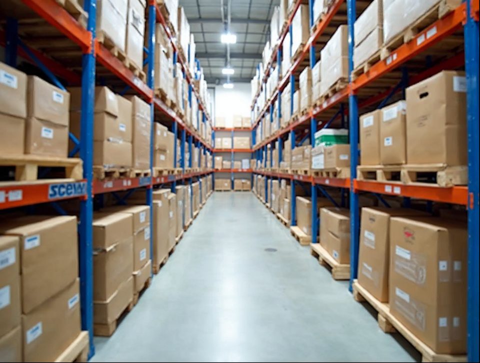 Clean cool storage room with pallets of boxed jars and natural food products on tall blue racks