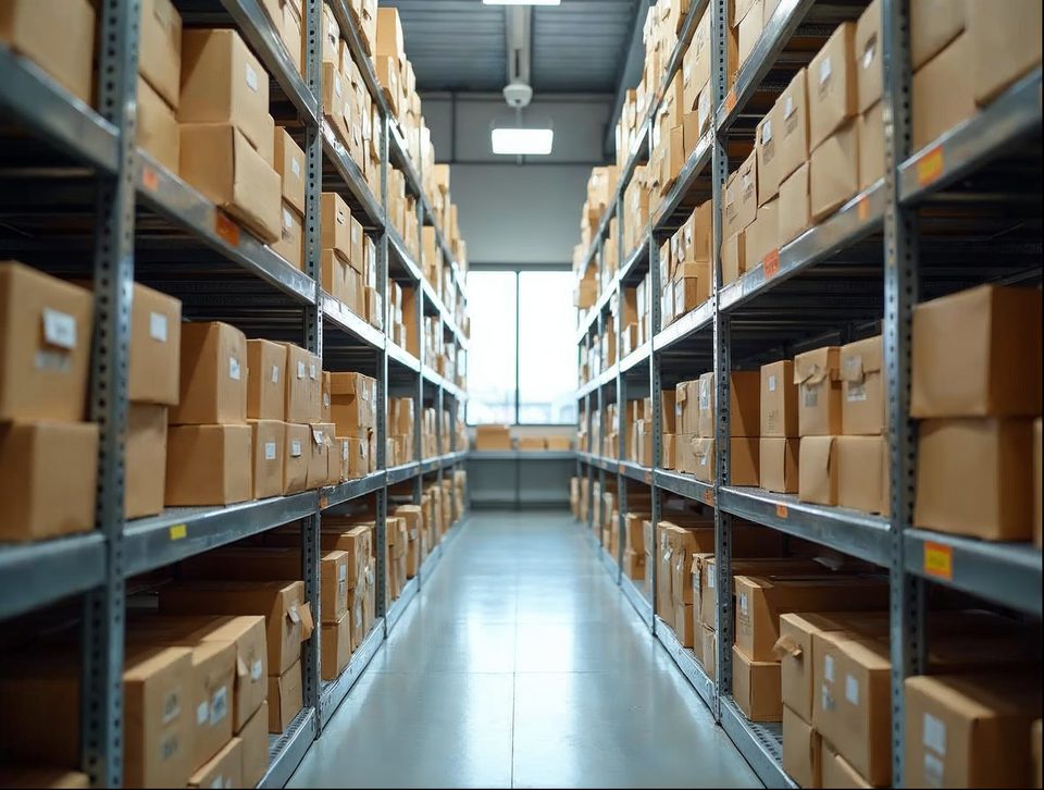 Neat rows of labeled archive boxes on tall metal shelves inside a bright secure storage area