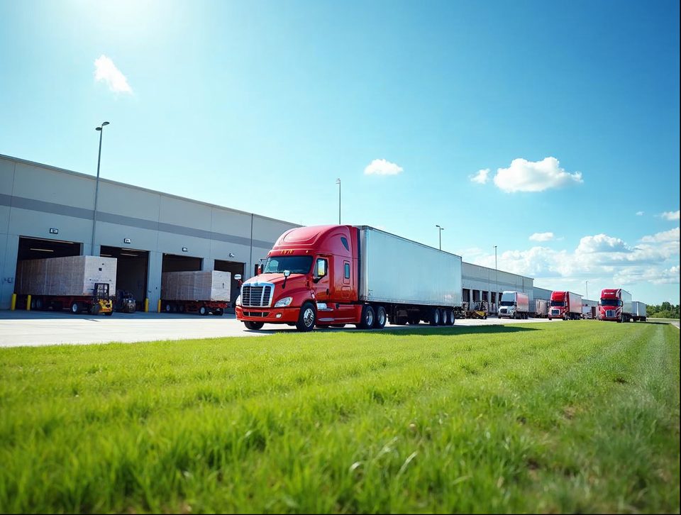 Tractor-trailers lined up at dock doors beside a big Midwestern distribution center under blue sky