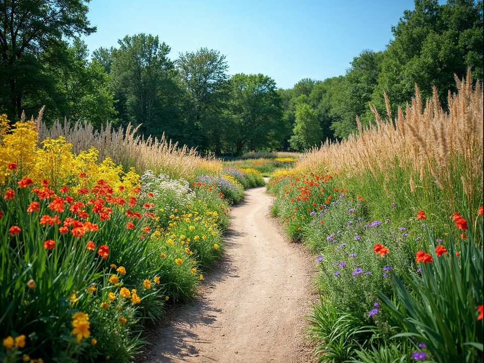 Wooded garden paths and open prairie grasses at the Overland Park Arboretum in south Overland Park, Kansas