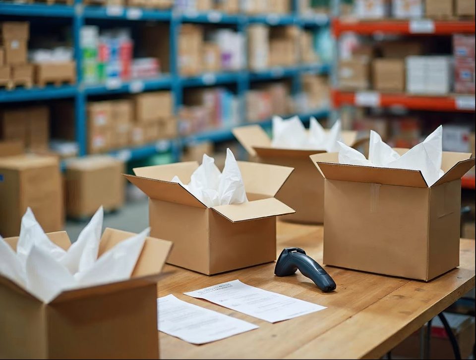 Packing table with open cardboard boxes, tissue paper and colorful retail products ready to be shipped