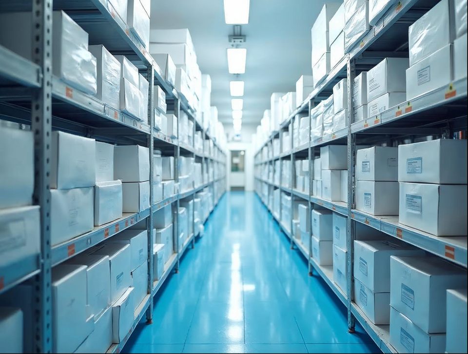 Clean shelves of boxed medical supplies and sealed cartons in a bright, tidy storage room