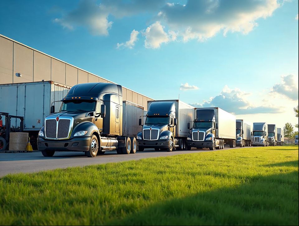 Freight tractors backed to the bays of a sprawling shipping center under a cloudless sky