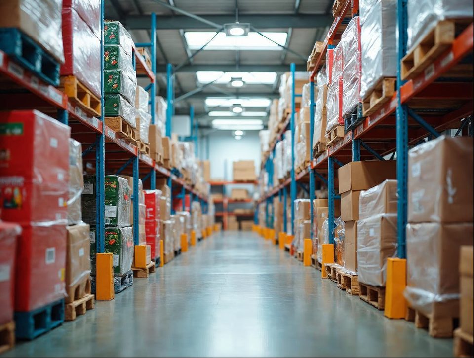 Colorful assortment of boxed seasonal goods and garden products stacked on wooden pallets in a bright building