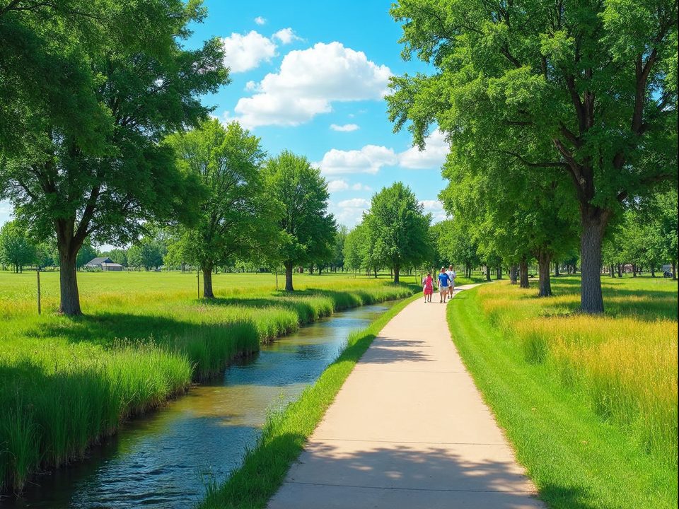 Calm creek-side park trail with mature cottonwood trees and a paved path in Papillion, Nebraska in summer