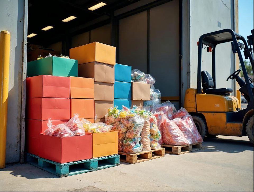 Pallets of boxed souvenirs and packaged snacks staged near a loading dock door in bright daylight