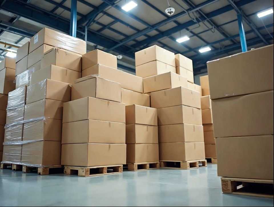 Neatly stacked cartons of electronics on wrapped pallets under bright lights in a clean storage building
