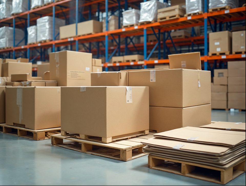 Cardboard kit boxes and display materials arranged on pallets and a worktable in a bright warehouse