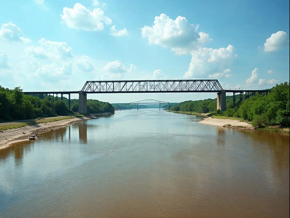 Wide Missouri River with a steel highway bridge and green wooded banks near Plattsmouth, Nebraska on a clear day