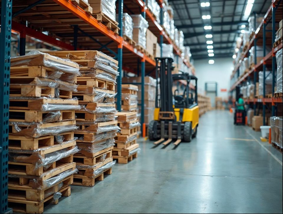 Stacked crates of machined metal parts and heavy pallets on racking inside a bright storage building