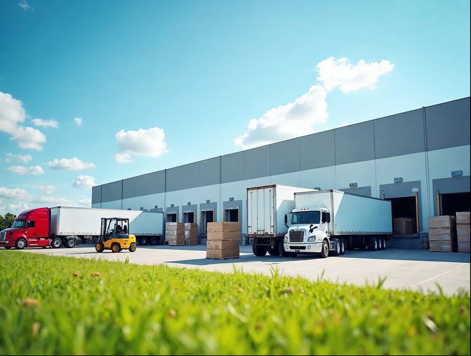 Semi trailers lined up at a distribution building with forklifts moving wrapped pallets on a sunny day