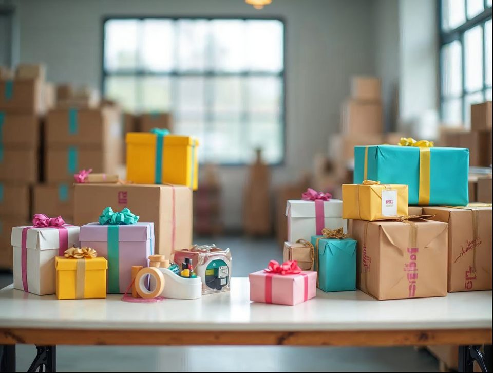 Colorful retail goods and shipping cartons arranged on a clean packing table under bright overhead lights
