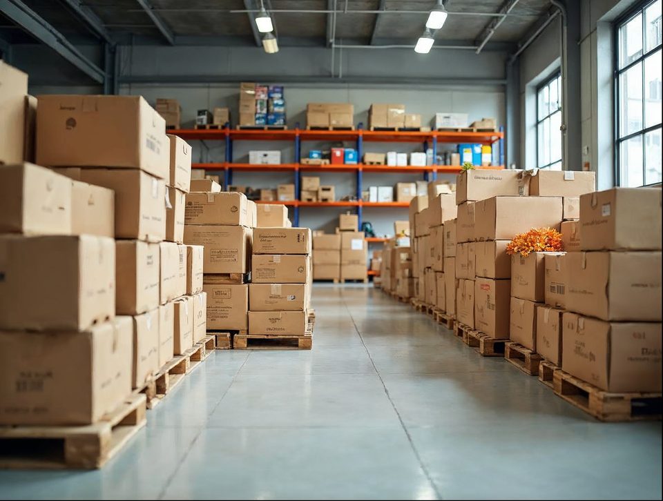 Cases of packaged natural foods and produce crates on pallets inside a clean, cool storage room