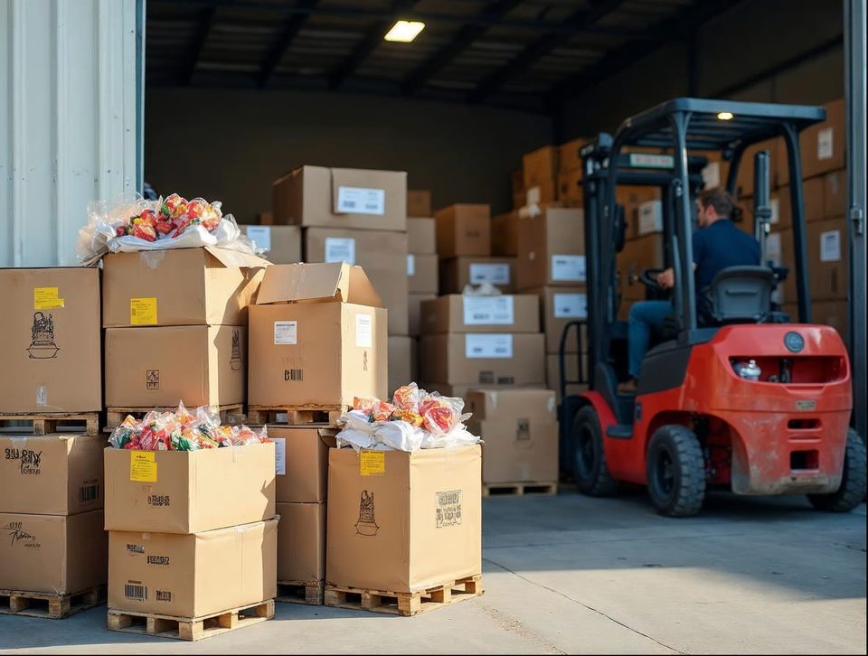 Cases of plain merchandise and snack supplies stacked on pallets near a dock door in bright daylight