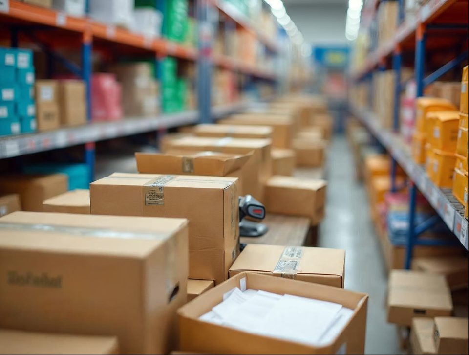 Rows of colorful retail products and shipping boxes ready to be packed at a bright fulfillment station