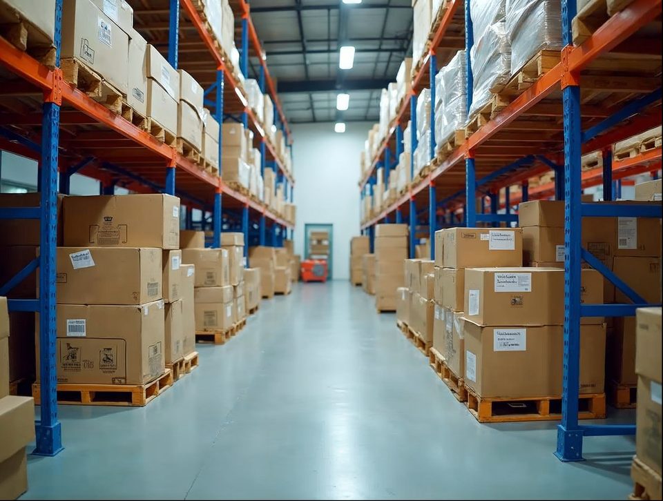 Pallets of boxed grocery goods in a cool, spotless storage room with bright overhead lights