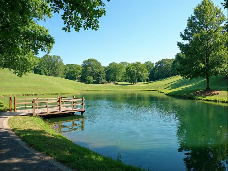 Calm fishing lake with a wooden dock, grassy hills and walking loop on a clear summer day in Raymore, Missouri
