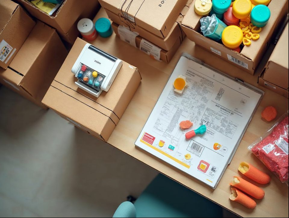 Packing bench with brown boxes, labels and colorful products being prepared for parcel shipment