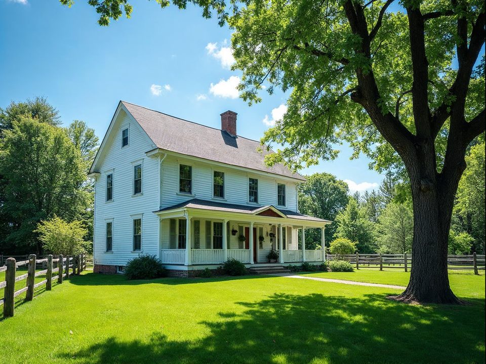 Restored 1844 two-story frame house with a deep porch, trimmed lawn and old shade trees in Missouri