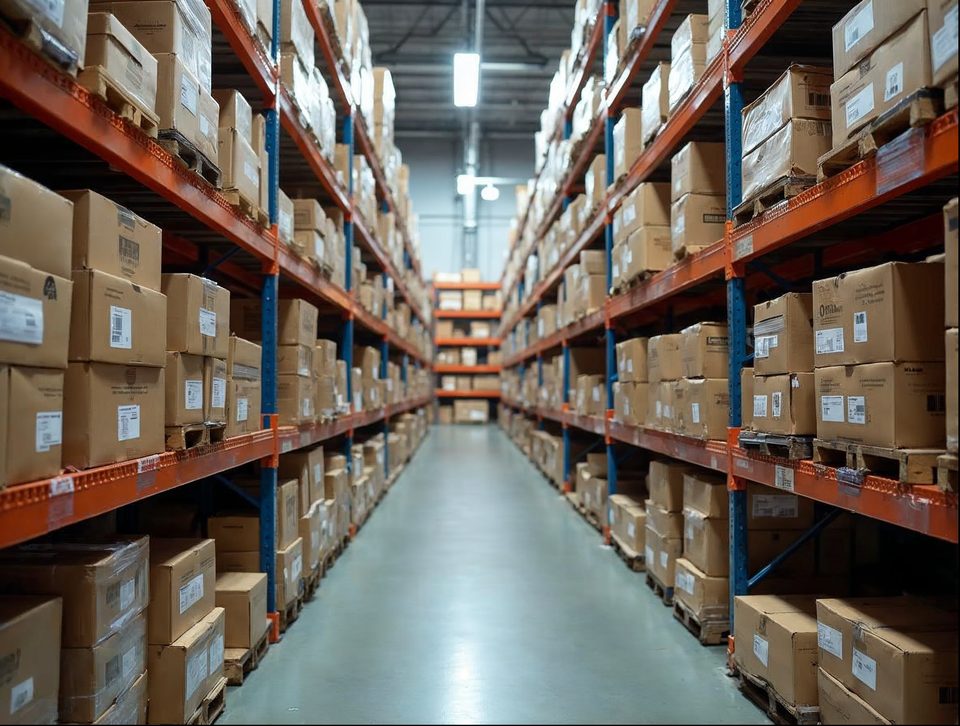 Boxed automotive parts neatly sorted on tall shelves with barcode labels in a bright warehouse aisle