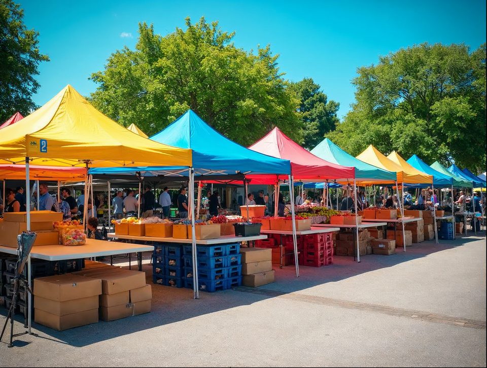 Rows of bright canopy tents with tables and stacked crates for a sunny community festival