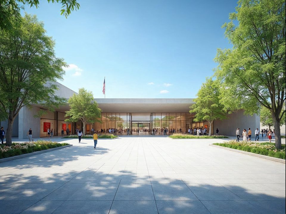 Large exhibition hall with a long glass entrance and landscaped plaza under a sunny blue sky in Rosemont, Illinois