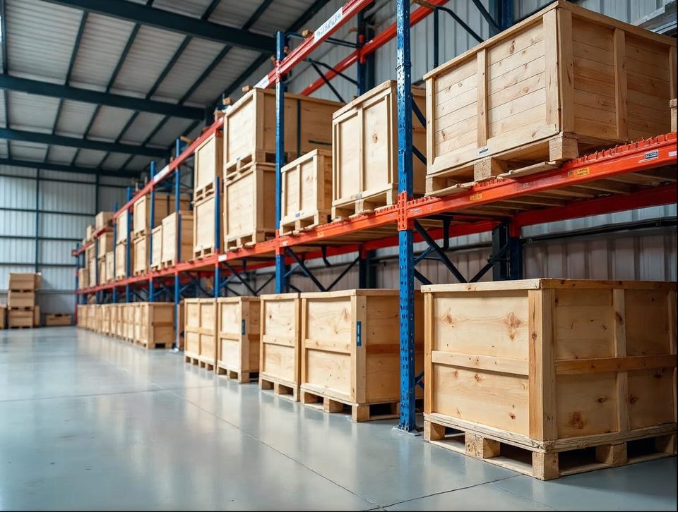 Crates and rolled displays stacked on racks in a bright, orderly storage building