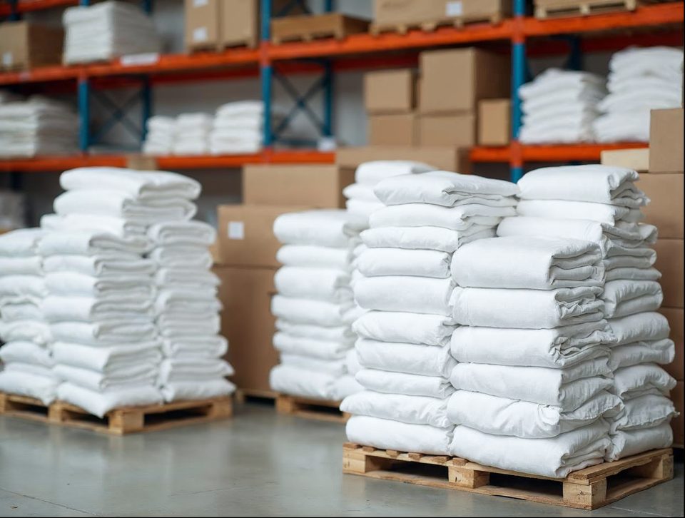 Stacks of folded white linens and boxed hospitality supplies on pallets in a clean storage room