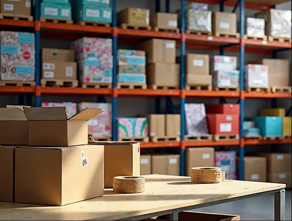 Colorful apparel boxes and toys on warehouse shelves next to a packing table with brown cartons