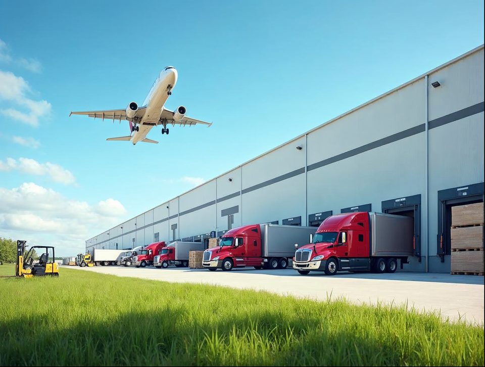 Tractor-trailers waiting by the loading doors of a large distribution center while a jet crosses overhead