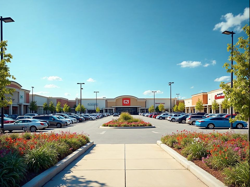 Large shopping center with landscaped entrance and parked cars under a bright summer sky in a Chicago suburb