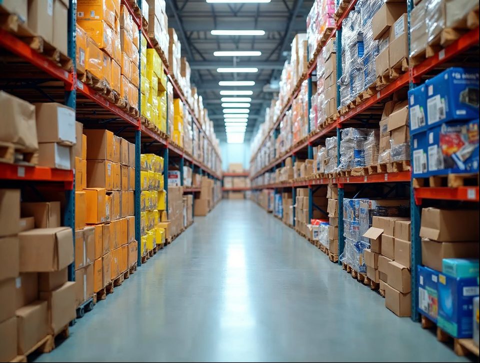 Shelves of colorful boxed toys, apparel cartons and consumer products ready for retail replenishment inside a storage building