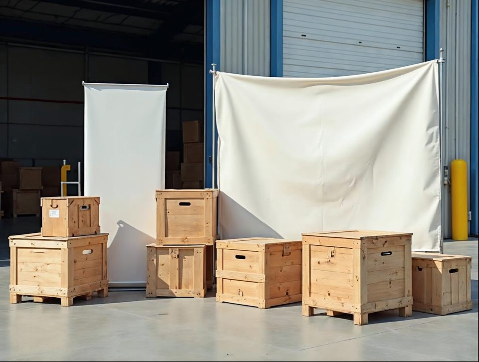 Stacked shipping crates and rolled display materials staged on a warehouse floor ready for loading onto a truck