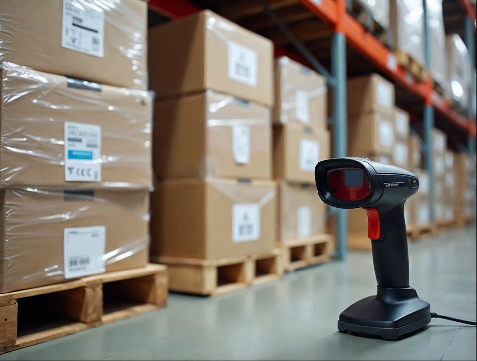 Neatly shrink-wrapped pallets of electronics cartons beside a barcode scanner on a bright warehouse floor