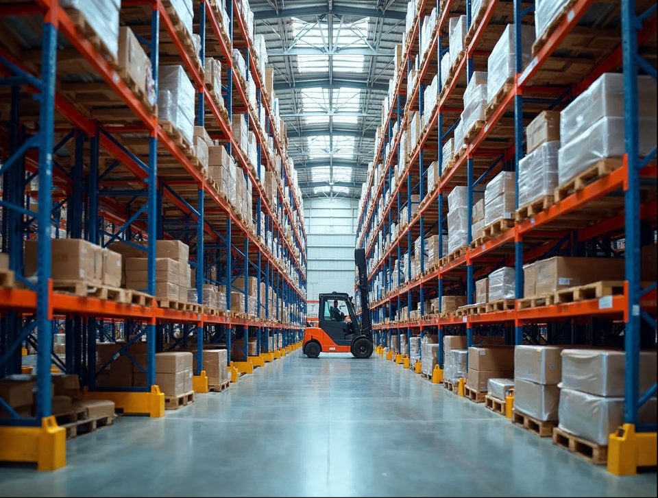 Rows of pallets stacked on tall racks inside a large bright warehouse during a busy shipping season