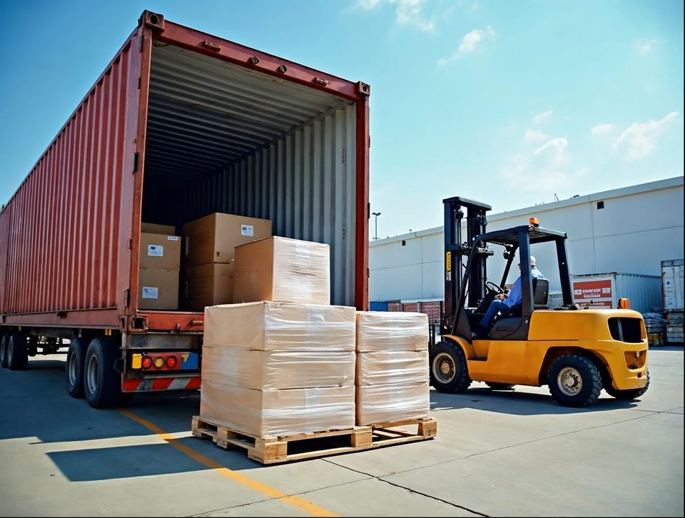 Shipping container being unloaded at a dock while forklifts carry wrapped pallets of mixed goods inside a warehouse