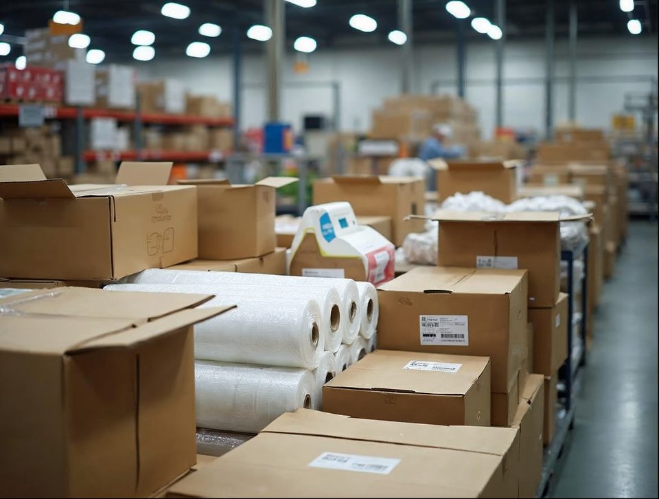Packing bench with cartons, bubble wrap and bright retail goods ready for parcel shipment
