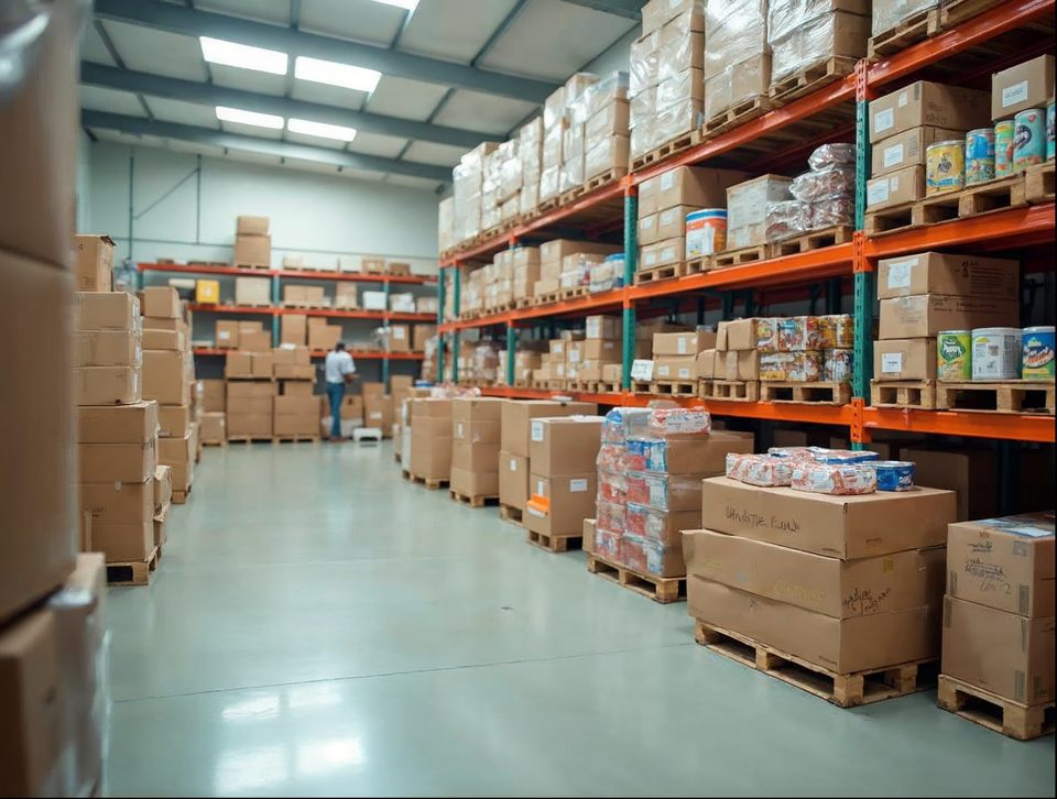 Pallets of boxed grocery items in a clean, cool storage room with bright even lighting