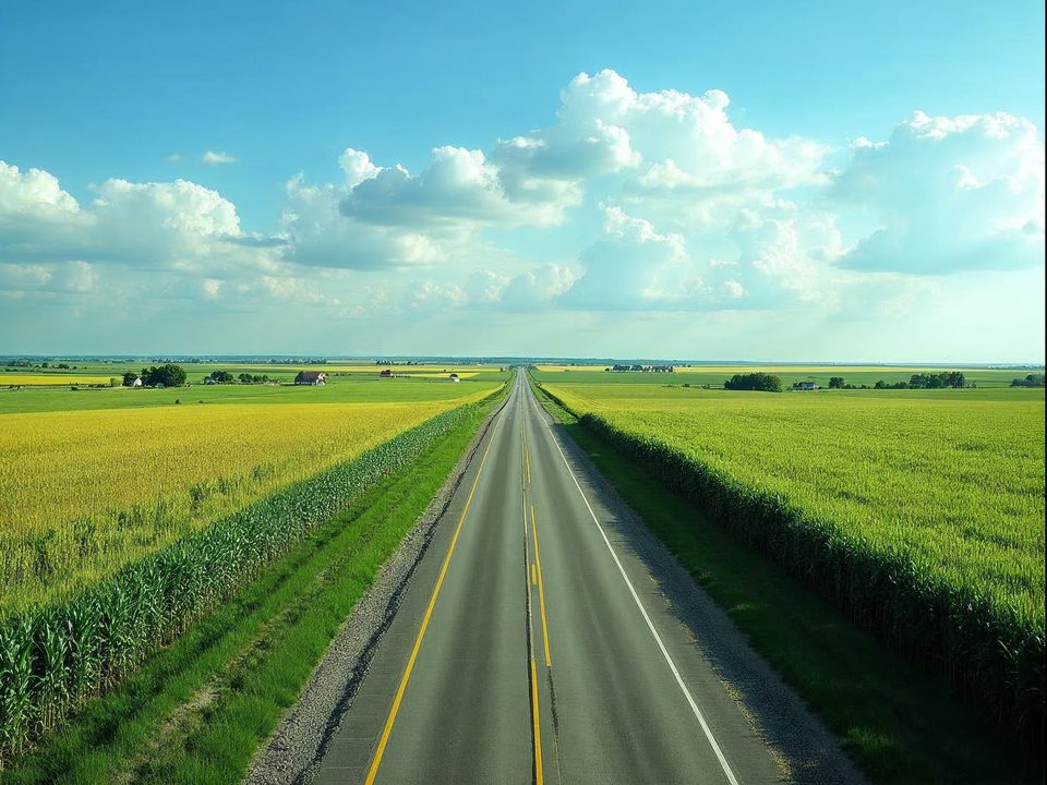 Green farm fields and a straight rural highway running through the Platte River lowlands of Sarpy County, Nebraska