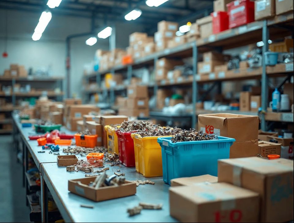 Workers' gloved hands assembling a kit of small parts on a workbench beside labeled bins in a warehouse