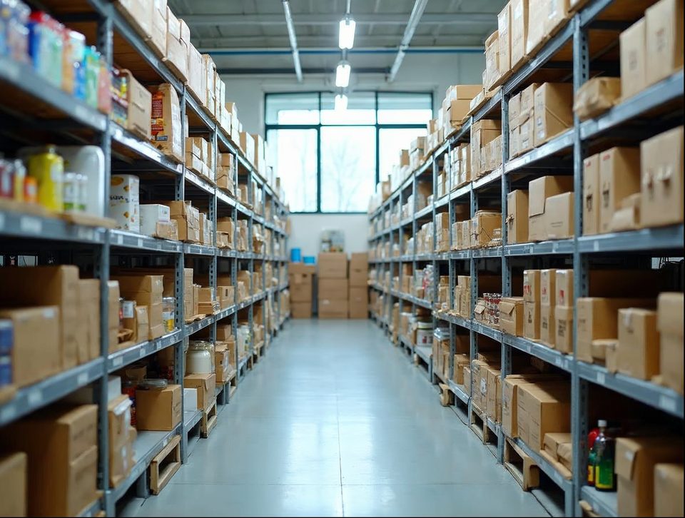 Rows of boxed natural food products on bright metal shelves in a spotless temperature-controlled storage room