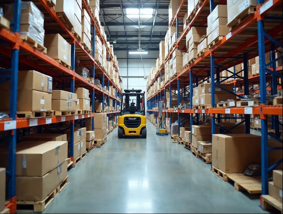 Stacked pallets of equipment parts and boxed hardware waiting on tall storage racks in a bright clean building