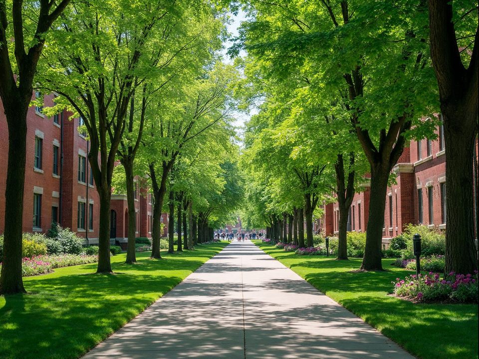 Tree-shaded campus walkway with brick academic buildings and green lawns near Volker Boulevard in Kansas City, Missouri
