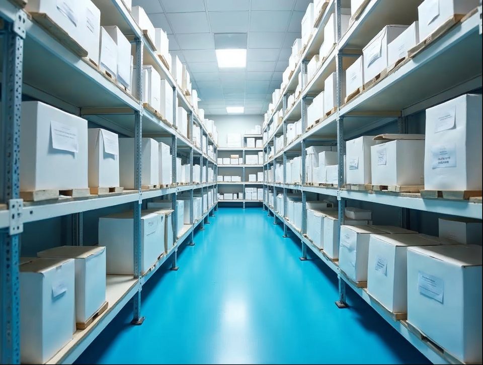 Clean shelves of sealed boxed medical supplies in a bright, tidy storage room
