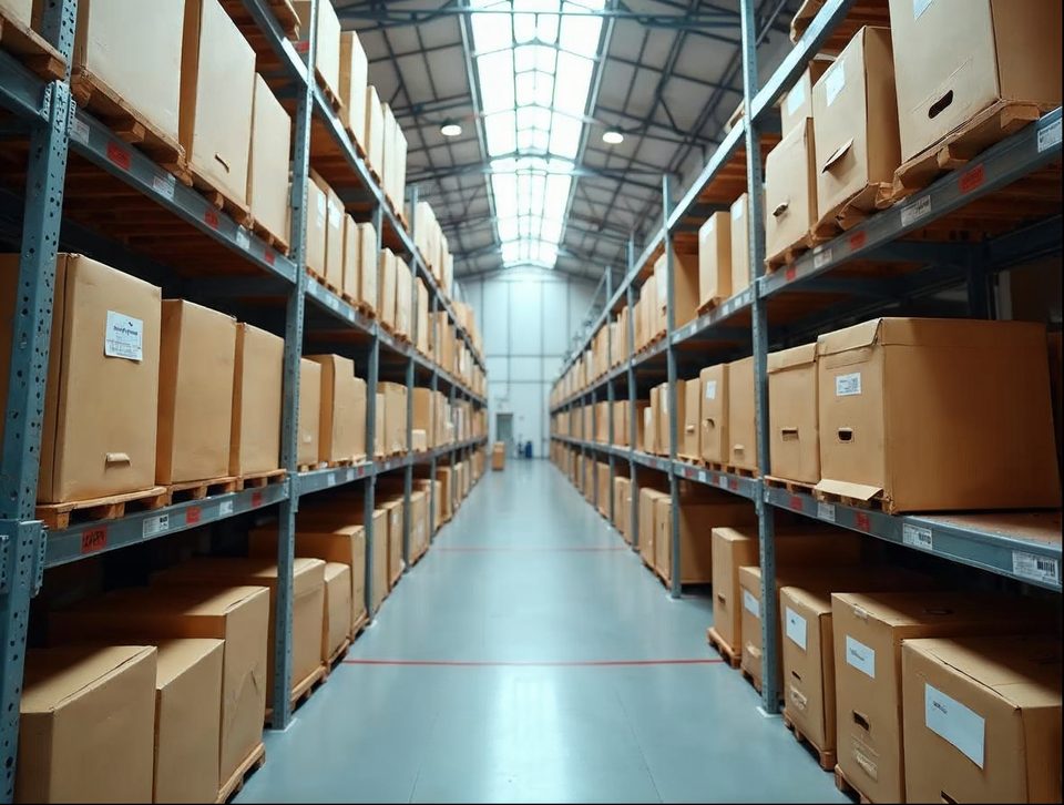 Long aisle of numbered records cartons resting on tall steel shelves beneath bright overhead lights