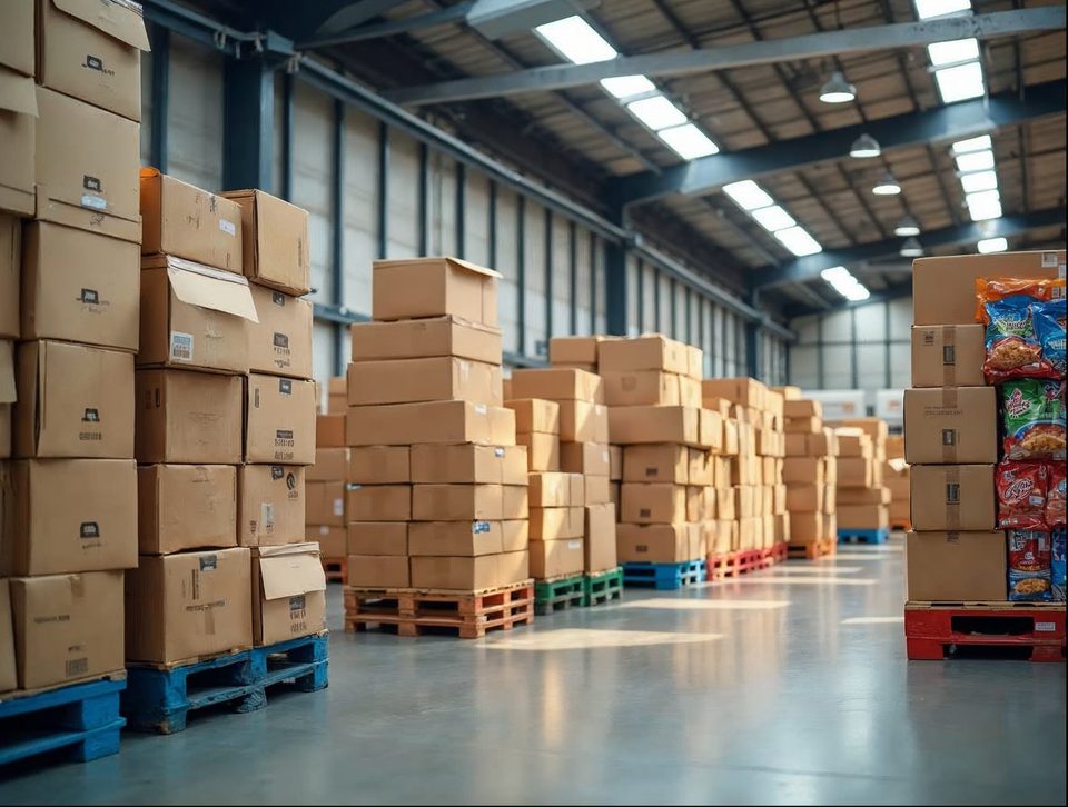 Stacks of boxed campus retail goods and snack products on colorful pallets inside a bright storage building
